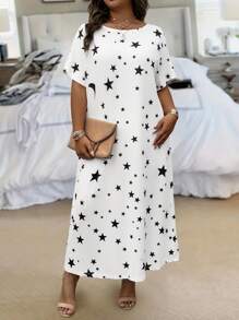 SHEIN LUNE Plus Size Casual Star & Moon Print Black & White Short Sleeve Loose Long Dress - White - View 3
