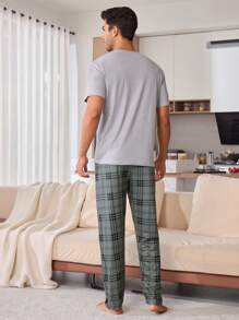 男士格子印花短袖睡衣套装（配长裤）