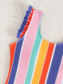SHEIN Tween Girl Fitted Casual Minimalist Comfortable Round Neck Cap Sleeve Striped One-Piece Swimsuit - Multicolor - View 4