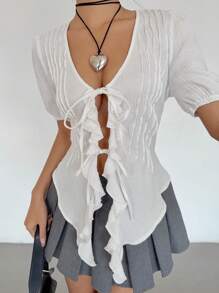 SHEIN Essnce 女士前系带荷叶边不对称下摆衬衫，皱纹纹理 100% 纯棉衬衫，白色 - 白色 - 查看 6