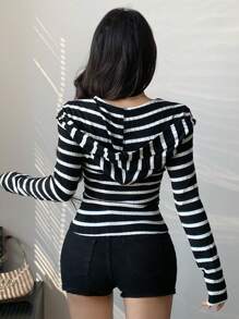 DAZY 女式休闲条纹拉链连帽衫长袖女式上衣 - 黑與白 - 查看 5