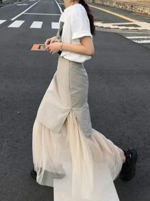 FRIFUL Women Long Mesh Patchwork A-Line Skirt Fall Skirts - Khaki - View 7