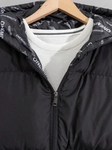 RueChic Men Allover Printed Lining Regular Hooded Padded Coat - Black - View 7