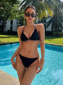 Women's Fashionable Sexy Leopard Print Patchwork Bikini Swimwear Set, Summer Beach Vacation,Tankini Bathing Suit - Black - View 7