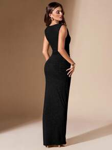 SHEIN BAE 女式亮片圆领无袖褶皱修身连衣裙，夏季百搭 - 黑色 - 查看 2