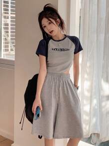 DAZY Pantalones cortos de mujer con cintura de cordón, versátiles, casuales y sueltos - Gris - Ver 7