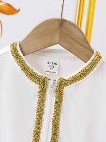 SHEIN Leap Crew 3pcs/Set Young Boys Loose Casual Geometric Pattern Hooded Shirt With Flared Tassel Shawl And Pants, Suitable For Kids Outfits, Back To School, Birthday Parties, Evening Events, Performances, Weddings, Baptisms, School Commencements. Suitable For Daily Wear, School, Travel, Sports And Styles, Spring And Summer - Black and White - View 5