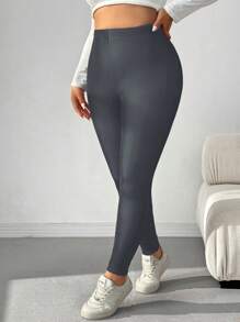 SHEIN EZwear Quần legging lót lưới màu đen cỡ lớn, lót nhiệt dày, mùa thu/đông - Màu xám đen - Xem 4