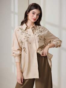 Veilorie 女式休闲纽扣衬衫，带植物刺绣蝙蝠袖 - 卡其色 - 查看 4