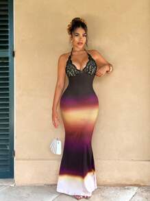 Zolique Vestido largo de color degradado con cuello halter, taza de encaje con empalme, espalda hueca y cola de pez para vacaciones - Multicolor - Ver 4