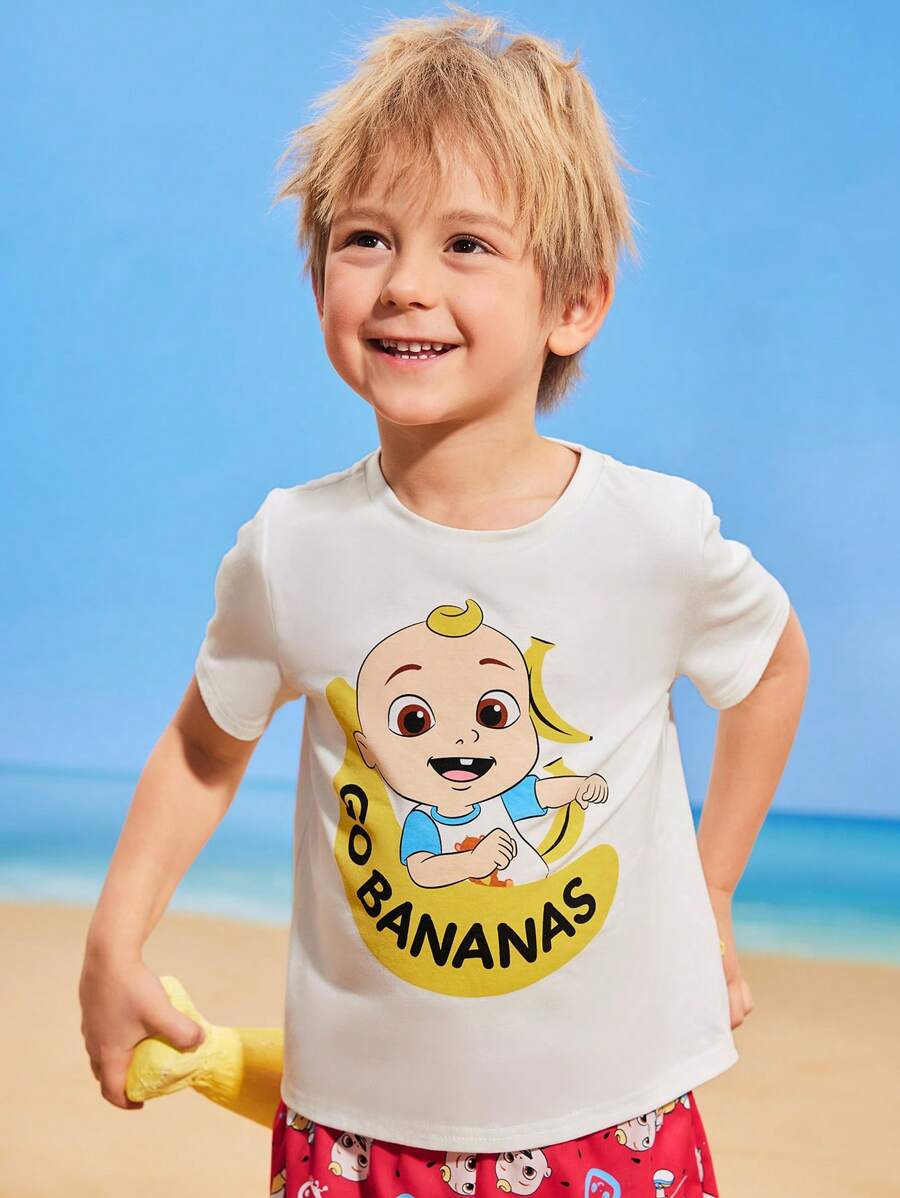 CoComelon X SHEIN Young Boy Banana Print White Simple Casual Versatile Short Sleeve T-Shirt - White - View 1