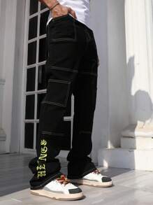 ROMWE MEN Street Life Men's Punk Color Block Stitching Flare Leg Jeans