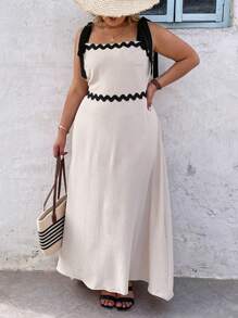 SHEIN VCAY Vestido corto casual con bloqueo de color y tirantes para vacaciones en la playa de tallas grandes - Albaricoque - Ver 4