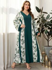 Al Najma Vestido simple y elegante con estampado de flores dispersas y parches, en talla grande, estilo árabe - Verde Oscuro - Ver 5