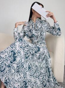 Modelyn Damen Urlaubs-Kleid mit floralem Muster, V-Ausschnitt, Langarm, elegant