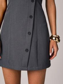 Forever 21 Women Casual Minimalist Solid Color Front Button Sleeveless Mini Dress For Commute - Grey - View 7
