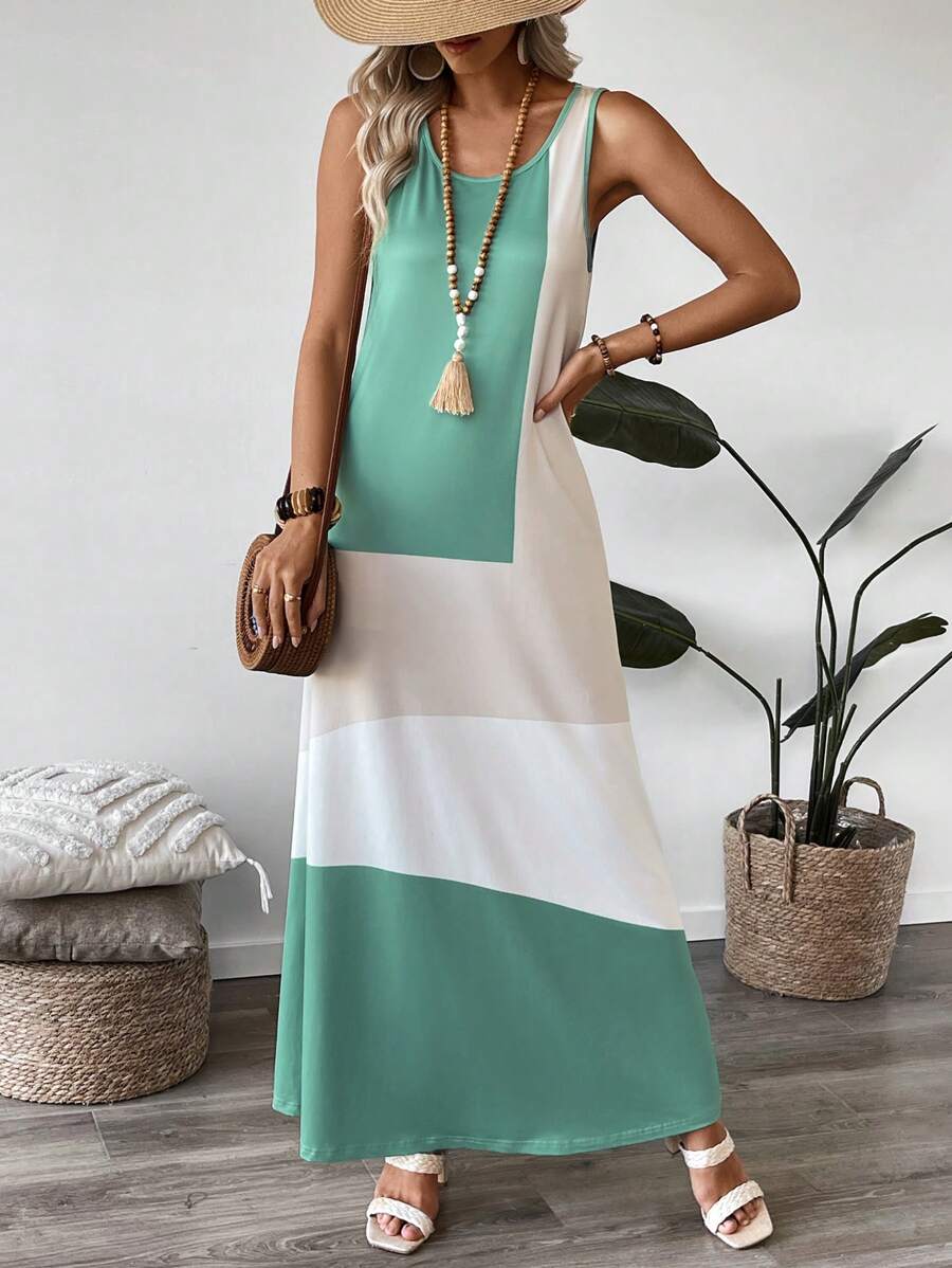 EMERY ROSE Women Contrast Color Round Neck Casual Sleeveless Dress - Green - View 1