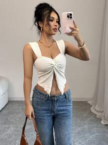 Chiquease Top ajustado de mujer con textura de punto y detalle retorcido en la parte delantera, para primavera/verano - Albaricoque - Ver 3