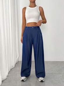 SHEIN Unity 1pc Women Denim Effect Fashionable Versatile Pants, Women Woven Navy Blue Wide-Leg Trousers - Blue - View 3