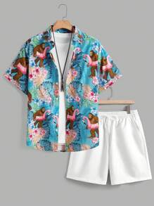 Manfinity RSRT Men Holiday Tropical Plant Print Short Sleeve Shirt And Shorts Set Men Tropical Set Men 2 Pieces Set Tropical Men Tropical Outfits Men Tropical Outfits Summer Men Clothes - Multicolor - View 2