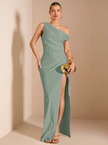 SHEIN BAE 不对称肩部褶皱简约优雅高开叉紧身连衣裙，适合鸡尾酒会、浪漫约会、秋冬季分层穿着、聚会、派对、伴娘、夜间外出、万圣节、圣诞节