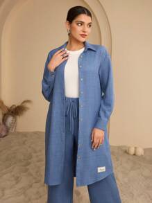 Graceveil 女士长袖衬衫和裤子阿拉伯风格套装，朴素 - 藍色 - 查看 3