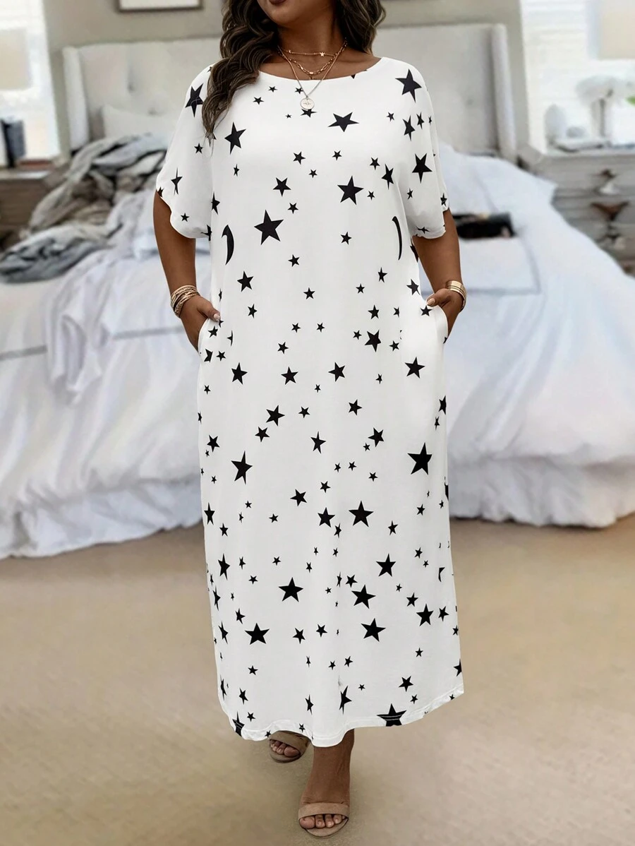 SHEIN LUNE Plus Size Casual Star & Moon Print Black & White Short Sleeve Loose Long Dress - White - View 1