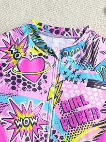 SHEIN Tween Girl Printed Patchwork Long Sleeve One-Piece Swimsuit Summer Pink Swim Bohemian Summer Holiday Cute