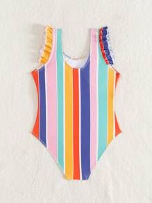 SHEIN Tween Girl Fitted Casual Minimalist Comfortable Round Neck Cap Sleeve Striped One-Piece Swimsuit - Multicolor - View 2