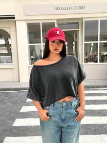 Muchica Plus Size Women Casual Loose Short Sleeve T-Shirt,Acid Washed Look Vintage Knitted Distressed,Streetwear,Spring Summer Clothes