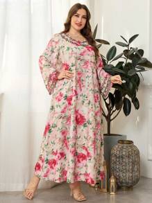 Al Najma Plus Size Arab Women's Fashionable Elegant Printed Long Robe With Long Sleeve Kaftan Jalabiya Dress - Pink - View 4