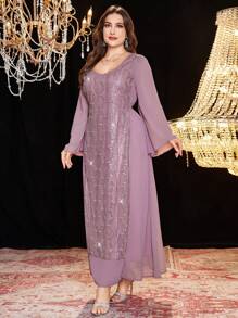 Al Najma Plus Size Women's Arabic Retro Style Luxurious Beaded Embroidered Elegant Simple Dress,Modest - Dusty Pink - View 5