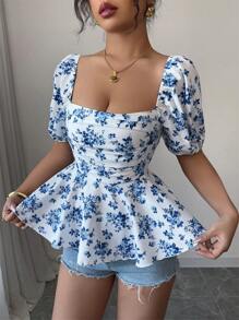 Elenzga 全新设计女式方领泡泡袖收腰荷叶边下摆小碎花休闲优雅衬衫 - 彩色 - 查看 5