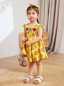Cozy Pixies Baby Girl Pattern Square Neck Ruffle Trim Waist Sleeveless Dress - Yellow - View 6
