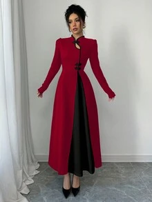 Rafferiza 女士复古泡泡袖优雅黑白拼布纽扣连衣裙长款女装 - 紅色 - 查看 5