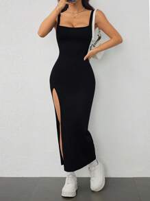 SHEIN PETITE High Elastic Rib Knit Wide Strap Women's High Slit Slim Long Dress, Vacation Outfits Women,Summer Dresses For Women - Black - View 7