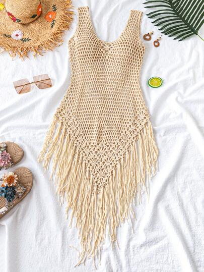 Trelyra Vestido de cubrir con dobladillo de flecos tejidos y diseño calado, para verano y vacaciones en la playa