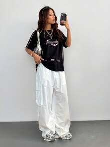 Coolane 女款春夏街头服饰 Blockcore Y2K 字母印花撞色短袖黑色 T 恤 - 黑色 - 查看 2