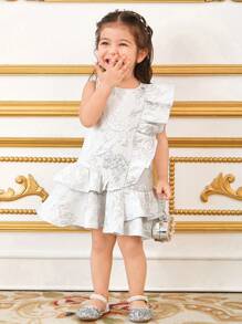 SHEIN Leap Crew 女婴优雅提花缎面夸张荷叶边无袖连衣裙，白色，适合花童、婚礼派对、特殊场合、兄弟姐妹搭配、妈妈和我 - 白色 - 查看 7
