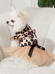 PETSIN 1 件天鹅绒豹纹和网眼薄纱宠物狗/猫连衣裙，通用款宠物服装