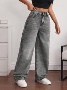 SHEIN ICON 女式宽松阔腿口袋休闲百搭牛仔裤 - 灰色 - 查看 3