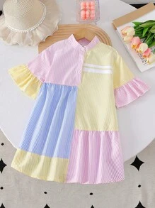 SHEIN Young Girl Striped Ruffle Cuff Button Front Casual Dress Spring Dress For Girls Spring Dresses For Girls Spring Dresses For Kids Spring Dress For Young Girls Spring Kids Dresses - Multicolor - View 2