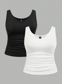 Slaydiva 2pcs Minimalist Casual V-Neck Camisole Tank Top Set, Black & White, Suitable For Summer, Plus Size Back To School - Multicolor - View 3