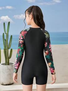 SHEIN Tween 女童热带植物印花修身短袖连体泳衣，休闲度假，适合春夏旅行，海滩度假，黑色泳衣