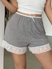DAZY 甜美撞色蕾丝拼接女式短款睡裤 - 灰色 - 查看 1