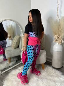 SHEIN Leap Crew SLAYR KIDS SLAYR KIDS Young Girls Colorful Leopard Print Round Neck Short Sleeve Top And Leopard Print Pants Set, Casual Everyday Outfits