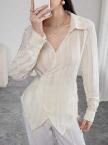 Modelyn Women's Turn Down Collar Long Sleeve Single-Breasted Casual Shirt - Beige - View 9