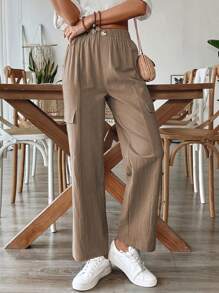 Chiquease 女士休闲亚麻喇叭裤，春夏 - 卡其色 - 查看 4