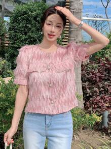 DAZY Textured Round Neck Puff Sleeve Button-Up Women Casual Shirt - Pink - View 8