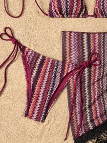 Swim EVENT Women's Fashion Sexy Beach Holiday Style Off-Shoulder Rope Skirt With Tassels, Special Striped Fabric Bikini Three Pieces Set For Summer Beach Vacation - Multicolor - View 8